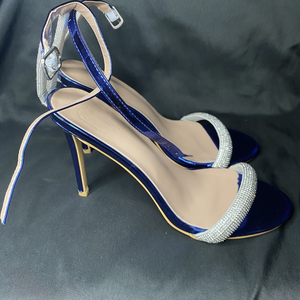 Metallic Blue Patent Rhinestone Cross Strap Stiletto Sandal Heels Sz 9 - Picture 4 of 9